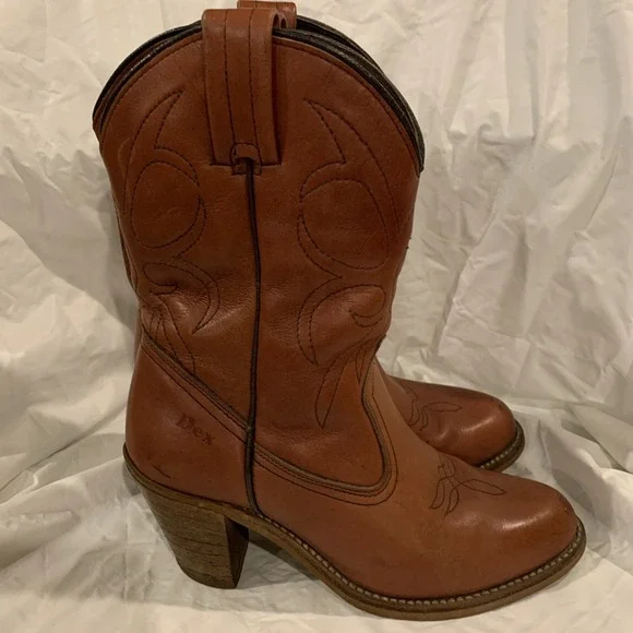 Vintage Dexter Women's 5.5 Brown‎ Leather Western Boots 70s USA Stacked Heel - Picture 5 of 9
